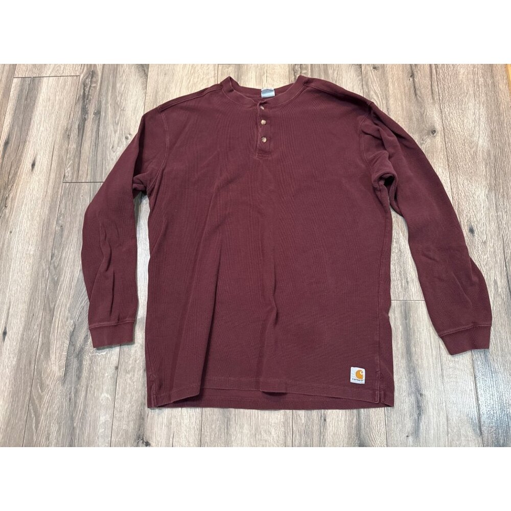 Carhartt Mens Burgundy Henley Long Sleeve Shirt L Workwear Stains